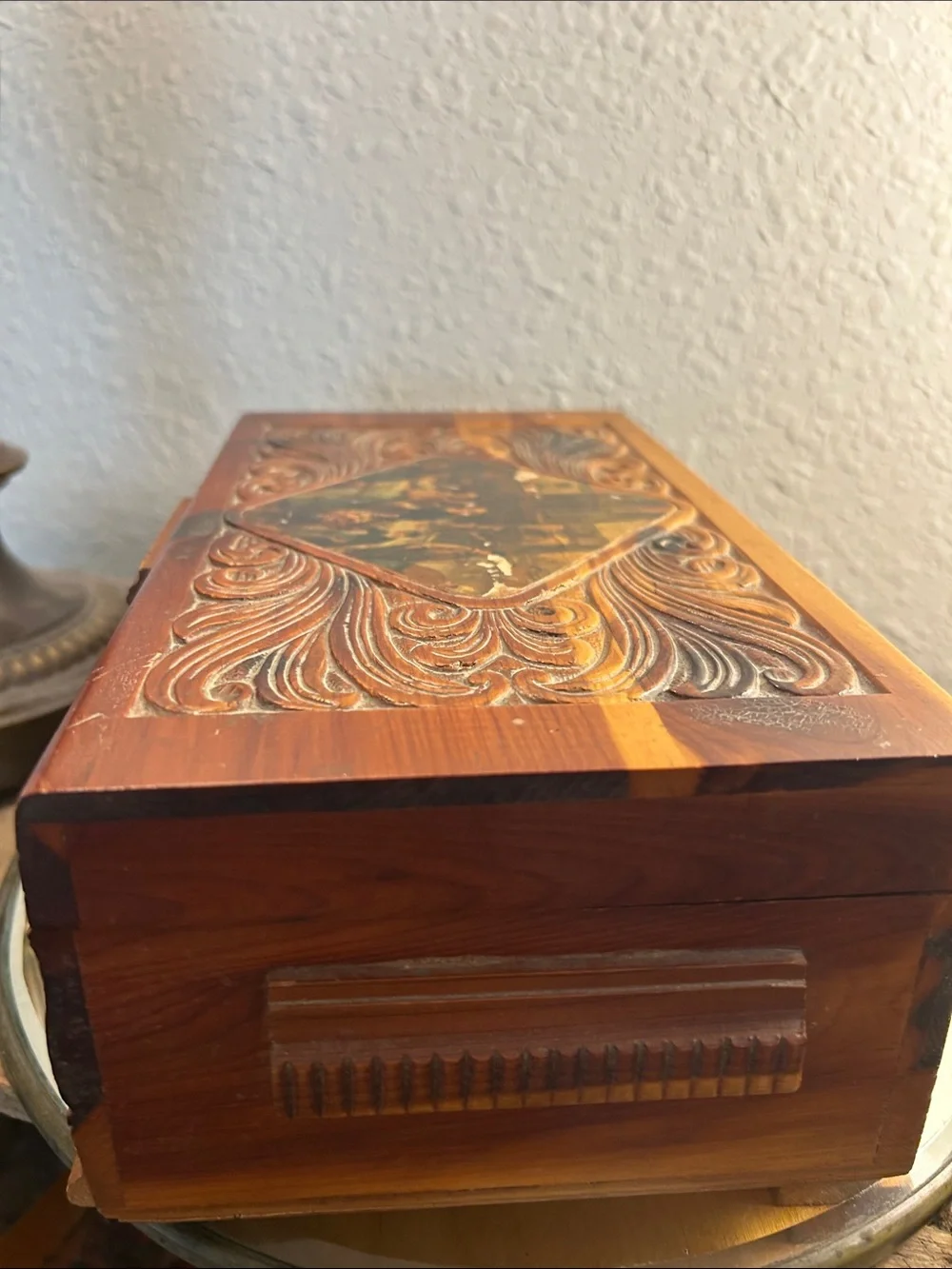 Hand-Carved Wooden Decorative Cedar Box in Warm Brown and Tan Cottage Core